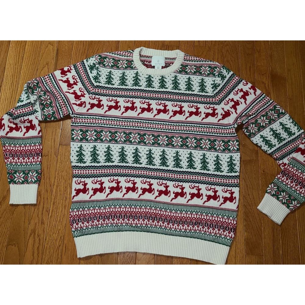 Aspen 100% Cotton Women's XL Sweater Christmas Reindeer Snowflake Red Green Ski